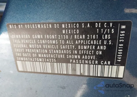 2016 Volkswagen Jetta 1.4T Se из США, поврежденный, VIN 3VWD67AJ7GM274235